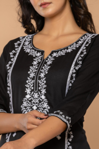 Haut/Kurta en coton brodé noir pour femme Twin Feet, coupe régulière, longueur normale, style décontracté Inde Pakistan, séchage rapide, toutes saisons - Product Image 5
