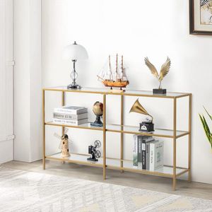 Consolle da Ingresso Moderna 51.2FT con Struttura in Metallo Dorato, Facile Montaggio, Tavolo da Divano in Vetro Temperato, Specchiato, per Soggiorno Contemporaneo - Product Image 1