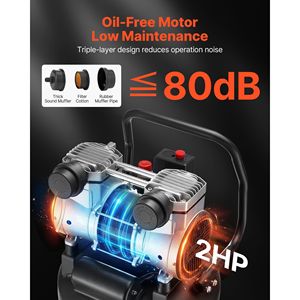 Compresor de Aire Portátil de 10 Galones con 2HP, 4.8 SCFM, 90PSI, Sin Aceite, Automático, con Inflador de Neumáticos con Presión Máxima de 125PSI y Ruedas - Product Image 3