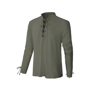 Chemise décontractée pour homme à manches longues, col montant, en tissu popeline, avec laçage sur le devant, pour l'automne - Product Image 6