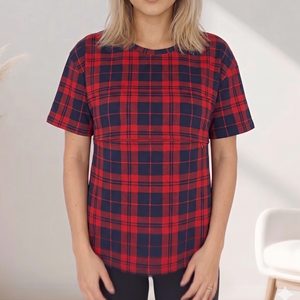 Camiseta de Maternidad a Cuadros de Manga Corta para Mujer, Cuello Redondo, Diseño con Botones Ocultos, Corte Regular, Ropa de Otoño, Blusas de Maternidad para Damas - Product Image 4