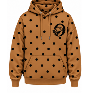 Sudadera con capucha informal de forro polar para mujer, color marrón camel con lunares negros, estilo oversize con cordón ajustable y bolsillo frontal tipo canguro - Product Image 1