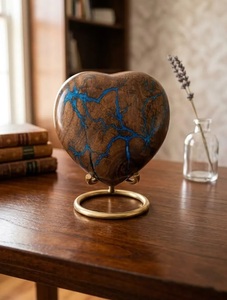 Handcrafted American Rose Wood Blue Resin Heart Urn Lichtenberg Fractal Burnt <b>Keepsake</b> for Cremation Pet Baby Eco-Friendly <b>Ashes</b> - Product Image 1