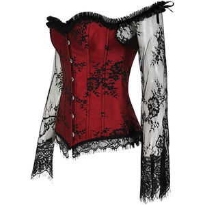Women's Red Corset With Black Lace Off Shoulder Design Firm Control Shapewear Breathable Satin Fabric Adult Size - Product Image 5