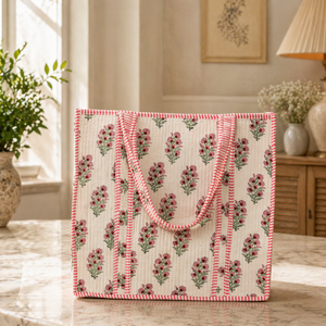 Sac à main en coton rose crème à fleurs, sac fourre-tout matelassé pour femmes, grande capacité, sac à bandoulière écologique - Product Image 2