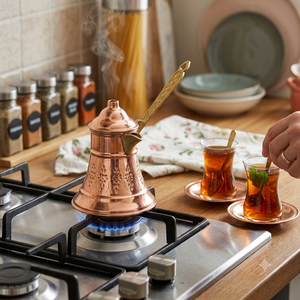 Cafetera Turca Tradicional de Cobre en Forma de Campana con Tapa Integrada, Cezve, Briki Griega para Estufa, Asa de Latón con Grabado Floral - Product Image 5