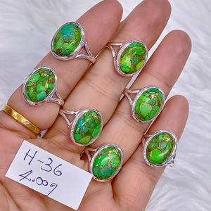 925 Sterling Silver Bezel Setting Solid Oval Shape Natural Green Copper <b>Turquoise</b> Beaded Daily Wear <b>Ring</b> For Women Wholesale - Product Image 1