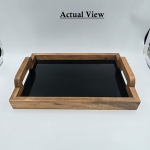 Plateau de service en bois de luxe avec base en marbre noir, plateau décoratif artisanal pour le petit-déjeuner avec poignées pour la maison, l'hôtel et le restaurant - Product Image 1