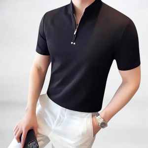 Chemise moderne pour homme anti-rides en tricot imprimé à demi-zip, manches courtes, style décontracté urbain - Product Image 2