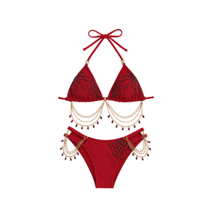 Conjunto de bikini triangular con cuentas naranjas y parte inferior con corte en forma de escalera, conjunto de bikini de dos piezas para mujeres y niñas, traje de baño con escote halter - Product Image 2