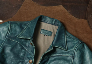 Blouson de moto en cuir véritable vert pour homme, col montant, fermeture éclair, coupe classique, idéal pour l'hiver, logo frontal apparent - Product Image 2