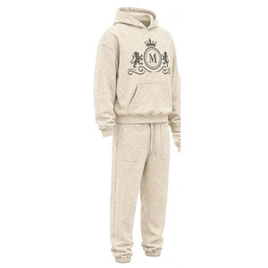 Chándal beige para hombre, 100% algodón lavado, 480 g/m², con pedrería de alta calidad, pantalones largos con cordón, ropa informal. - Product Image 2
