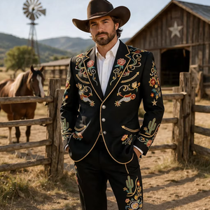 Ensemble de costume noir brodé de style western pour homme – Blazer et pantalon de style cowboy à motifs floraux - Product Image 1