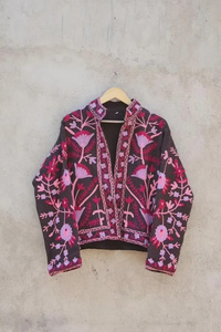 Chaqueta de Algodón Floral Bordada a Mano, Transpirable, con Cuello Mandarín, Frente Abierto, Largo Regular, Unisex, Elegante, para Otoño - Product Image 3