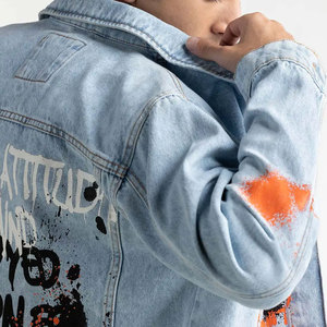Men's Light Blue <b>Denim</b> <b>Jacket</b> Streetwear Turn-down Collar Single Breasted Printed Patch Design Regular Fit Spring Wear - Product Image 5