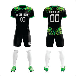 Uniforme de Fútbol Personalizado al por Mayor, Elegante, Estampado, Transpirable, de Manga Corta, Negro y Verde, Conjunto Completo para Primavera/Verano - Product Image 2