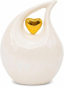 Urne funéraire de qualité supérieure, design classique en marbre, forme de goutte d'eau, pour cendres humaines, avec cœur doré. - Product Image 2