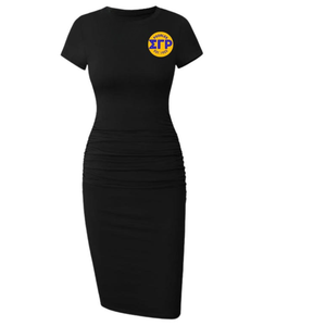 Robe moulante Sigma Gamma Rho pour femme, avec motif graphique de lettres grecques personnalisées, manches courtes, col rond, froncée, longueur midi, pour tenue de soirée et de sororité - Product Image 1