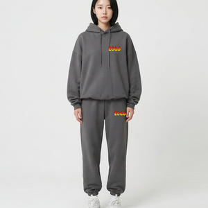 OEM Manufacturer <b>Women's</b> Gray Hooded Sweatshirt & Sweatpants Set Casual Loose Fit Full Sleeve Letter Print Fleece <b>2</b> <b>Piece</b> <b>Outfit</b> - Product Image 4