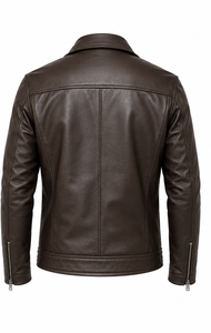 Men's Brown Leather Moto <b>Jacket</b> <b>With</b> <b>Zipper</b> Closure Turn-down Collar Belted <b>Pockets</b> - Product Image 2