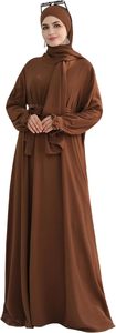 Women Brown <b>Abaya</b> Hijab Robe Long Sleeve Maxi Dress High Neck Solid Color Loose Fit Modest Daily Wear - Product Image 4