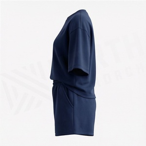 Ensemble 2 pièces en coton tricoté pour femme, haut à col rond et manches courtes, short au-dessus du genou, bleu marine uni, décontracté, printemps-été - Product Image 3
