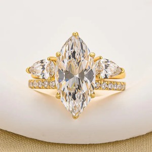 925 Moissanite Marquise Cut Hidden Halo Engagement <b>Ring</b> with Pear Cut <b>Open</b> Wedding Band in Yellow & White Gold Plated for Women - Product Image 5