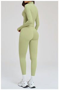 Ensemble de survêtement sportif vert pour femme, manches longues, col montant, couleur unie, poches latérales, taille élastique, léger, style printemps - Product Image 4