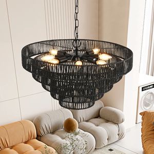 Lampadario a sospensione rustico nero in corda di canapa a 5 livelli da 24 pollici, stile Boho Farmhouse, con 8 attacchi E12 per sala da pranzo - Product Image 4