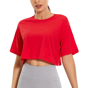 Wholesale Women <b>Red</b> <b>Cropped</b> T-Shirt Short Sleeve O-Neck Regular Fit Solid Color Breathable Eco-Friendly 100% Cotton Summer - Product Image 1