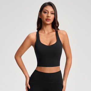 Soutien-gorge de sport yoga pour femme bleu marine à bretelles convertibles, taille mi-haute, sans couture, respirant, avec logo frontal, extensible et actif - Product Image 1