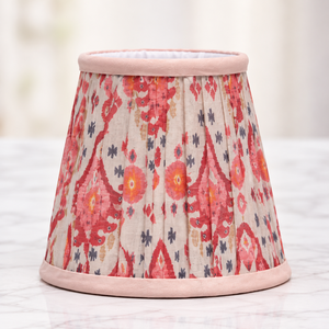 Coral Pink Cotton <b>Lampshade</b> | Handcrafted Pleated Fabric <b>Drum</b> Shade with Red & Navy Blue Pattern - Product Image 1