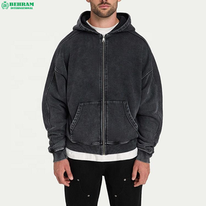 Sweat à capuche zippé noir pour homme 100 % coton, coupe oversize, décontracté, pour l'automne, couleur unie délavée à l'acide - Product Image 4