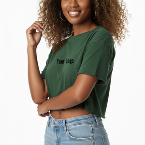2026 <b>Top</b> selling Women's Green Crop <b>Top</b> O-Neck Short Sleeve Loose Fit Knitted Solid Color Casual T-Shirt With <b>Distressed</b> Holes - Product Image 6