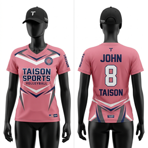 เสื้อวอลเลย์บอลหญิง 190 GSM ผ้าโพลีเอสเตอร์ซับเหงื่อ สีแดงเลือดหมู แต่งสีชมพูแบบตัดต่อ  รับสั่งทำแบบ Sublimation - Product Image 3