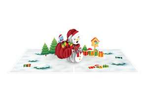 Tarjeta de felicitación navideña 3D emergente con muñeco de nieve y regalos, impresión digital en papel, tarjeta festiva con forma irregular y laminación brillante - Product Image 2