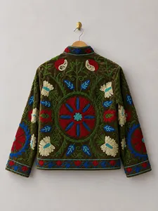 Chaqueta Suzani de Terciopelo Bordada con Flores Marrones Estilo Bohemio, Manga Larga, Cuello Alto, Ropa de Abrigo de Invierno para Mujer - Product Image 5