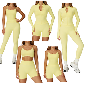 Conjunto Deportivo de Cinco Piezas para Mujer, Amarillo, Elástico, Top Deportivo Corto, Pantalones Cortos, Leggings, Corte Ajustado, Reciclable - Product Image 1