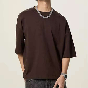 เสื้อยืดผู้ชายคุณภาพสูง ทรงหลวม ไหล่ตก ผ้าหนา สตรีทแวร์ 100% ผ้าฝ้าย โอเวอร์ไซส์ สั่งทำได้ สีน้ำตาลล้วน - Product Image 5