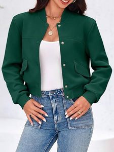 Chaqueta Bomber Verde para Mujer, Color Sólido, Cuello Alto, Manga Larga, Cierre de Botones, Ropa Exterior Informal para Otoño - Product Image 2