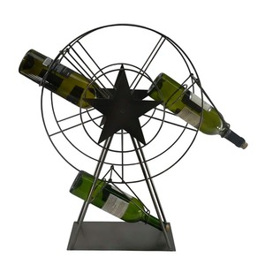 Porte-bouteilles de table décoratif industriel en forme de grande roue, pour 3 bouteilles, avec étoile centrale, style vintage, en métal noir, roue de carnaval - Product Image 3