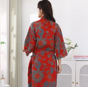 Bata de algodón con estampado floral para mujer, cuello en V, manga tres cuartos, longitud completa, suave, informal, para dormir o como albornoz - Product Image 4