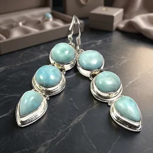 Pendientes Colgantes Hechos a Mano de Plata de Ley 925 con Larimar Azul, Joyería Elegante con Piedras Preciosas Naturales para Mujer - Product Image 4