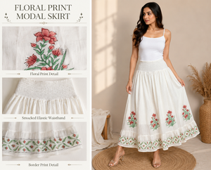 Falda larga de algodón floral rosa al por mayor, con cintura fruncida, estilo bohemio casual, estampado a mano, India - Product Image 2
