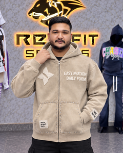 Sweat à capuche unisexe personnalisé beige en mélange de coton molletonné avec poche kangourou cloutée, poignets côtelés, style streetwear décontracté, coupe oversize respirante pour le quotidien - Product Image 2