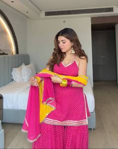 Nuevo Conjunto de Top, Sharara y Dupatta de Georgette Sintética Pesada para Mujer, Sin Arrugas, Elástico, Reversible, Tradicional, Listo para Usar, Largo hasta el Tobillo - Product Image 2