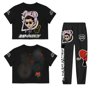 Women Black Color rib <b>knit</b> 240 GSM crop top and pant <b>set</b> soft stretch fabric sublimation print custom logo Women's <b>Sets</b> - Product Image 1