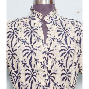 Robe pour femmes à imprimé palmiers, manches courtes, col montant, boutonnée, coupe trapèze, décontractée, été, mi-longue - Product Image 3