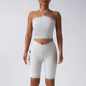 Ensemble de sport 2 pièces pour femme, nouveau, personnalisé, vente en gros, soutien-gorge de sport sexy à bretelles et short push-up, taille élastique unie, pour gym, yoga et fitness - Product Image 6