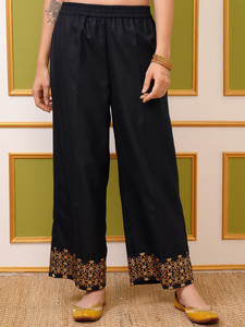 Navy Blue Embroidered Silk Quick Dry <b>Kurta</b> Palazzos Dupatta Traditional Indian Pakistani Set <b>Women</b> Casual Wear Regular Fit - Product Image 6
